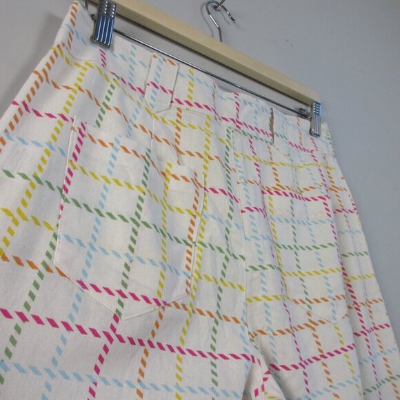 Modcloth Women's Wide Leg Pants 8 Ivory Linen Viscose Rainbow Plaid Preppy 306 - Picture 7 of 11